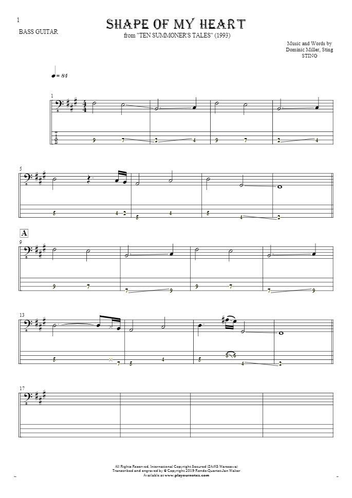 Shape Of My Heart - Notes and tablature for bass guitar