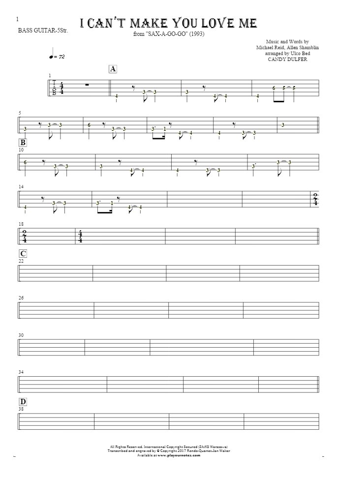 I Can't Make You Love Me - Tablature (rhythm. values) for bass guitar (5-str.)