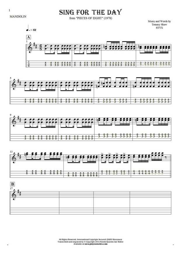 Sing for the Day - Notes and tablature for mandolin