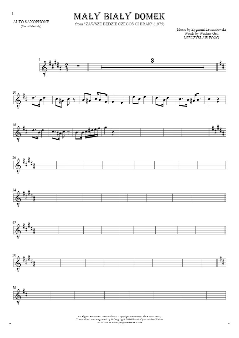 Mały biały domek - Notes for alto saxophone - melody line