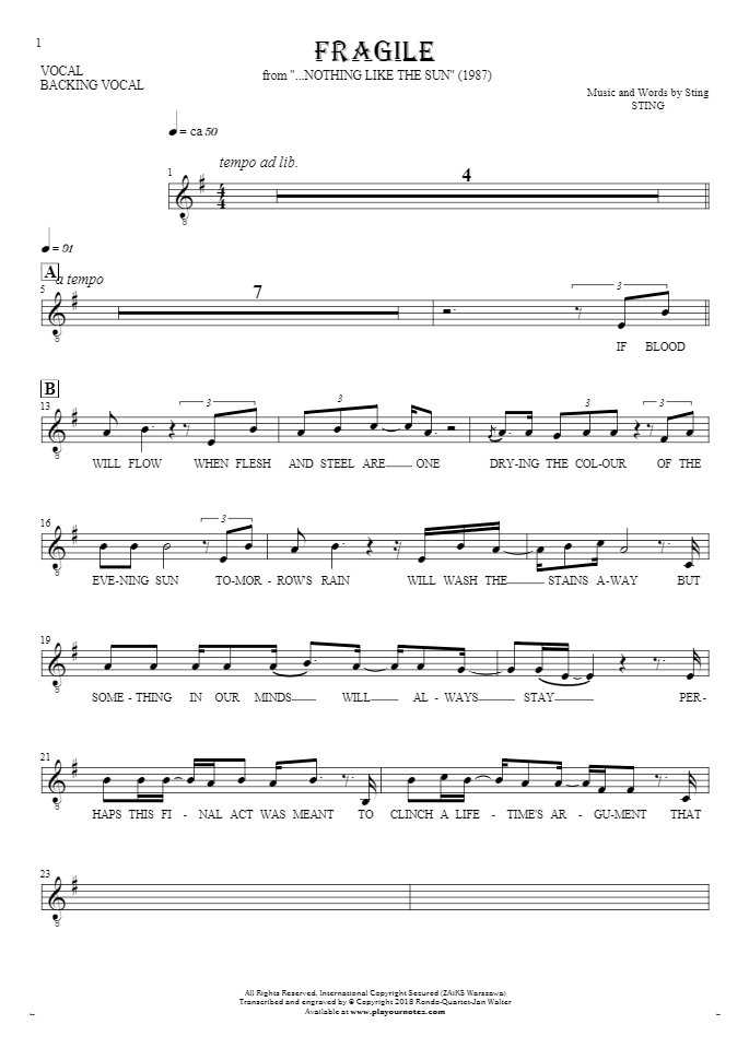 Fragile - Notes and lyrics for vocal - melody line and backing vocals