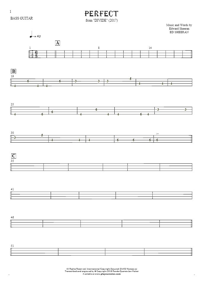 Perfect - Tablature for bass guitar