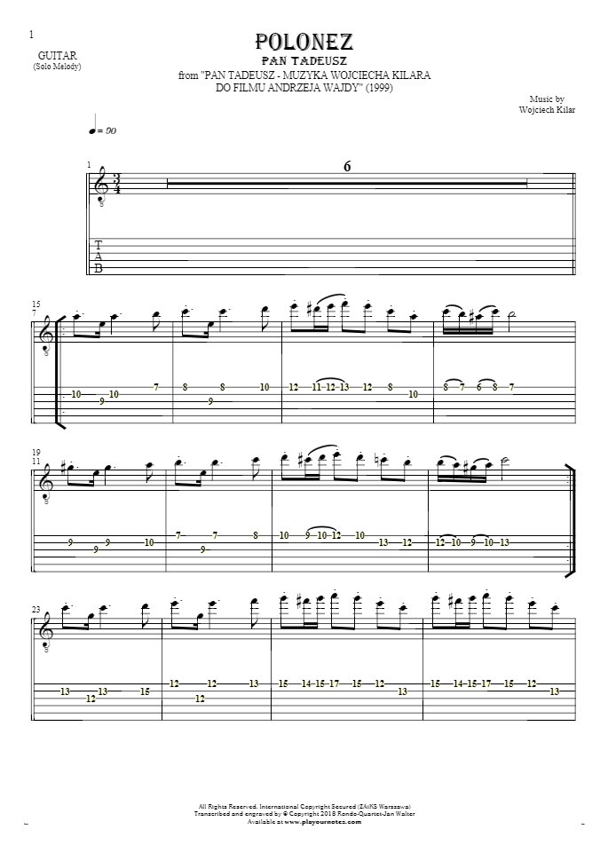 Polonez - Pan Tadeusz - Notes and tablature for guitar - melody line