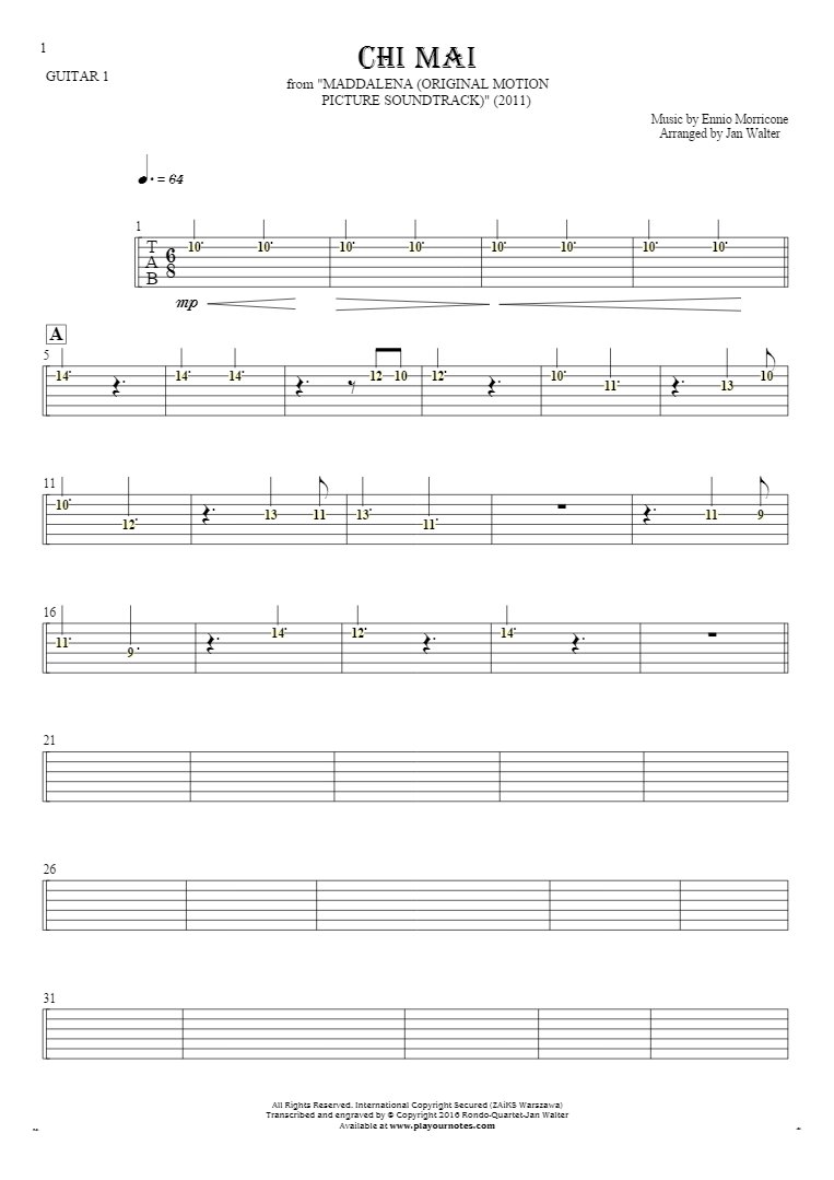 Chi Mai - Tablature (rhythm values) for guitar - guitar 1 part