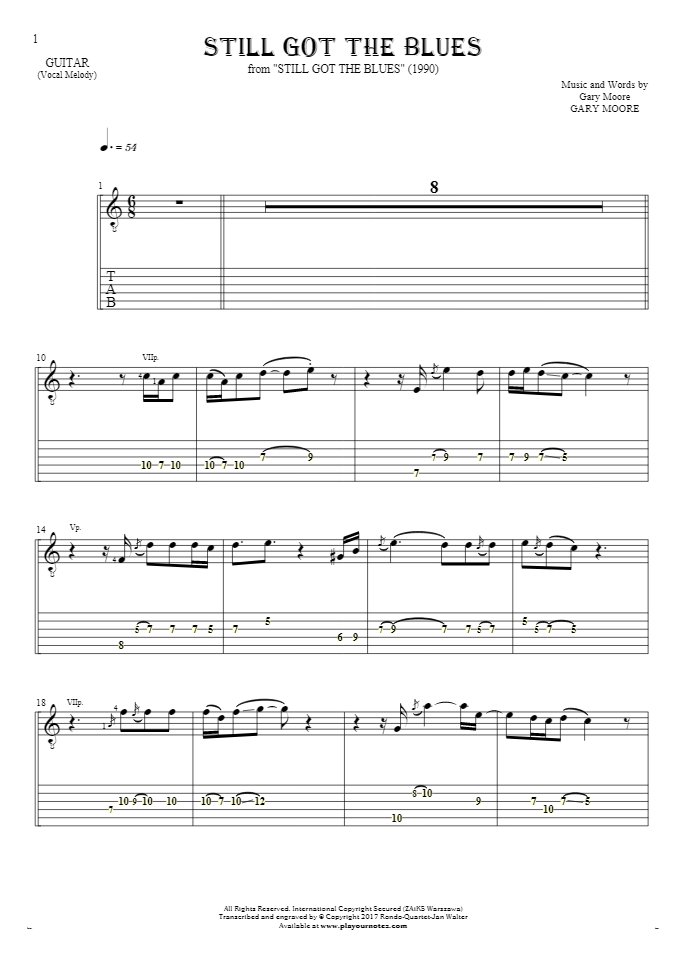 Still Got The Blues - Notes and tablature for guitar - melody line