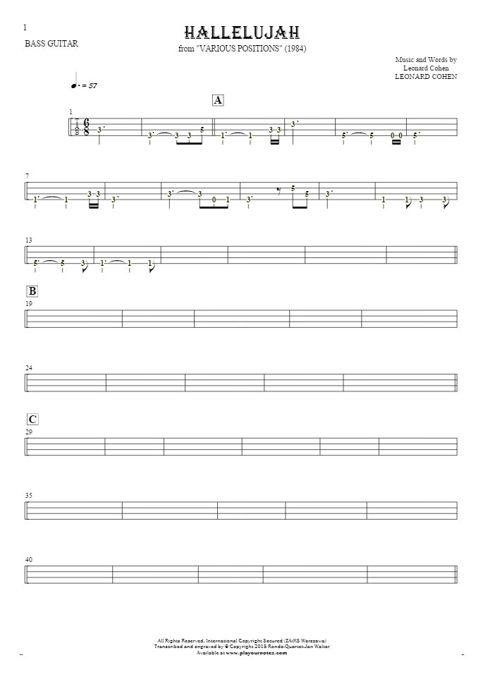 Hallelujah - Tablature (rhythm values) for bass guitar