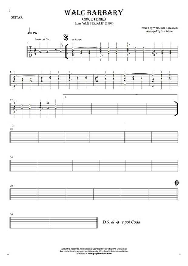 Walc Barbary (Noce i Dnie) - Tablature (rhythm values) for guitar solo (fingerstyle)