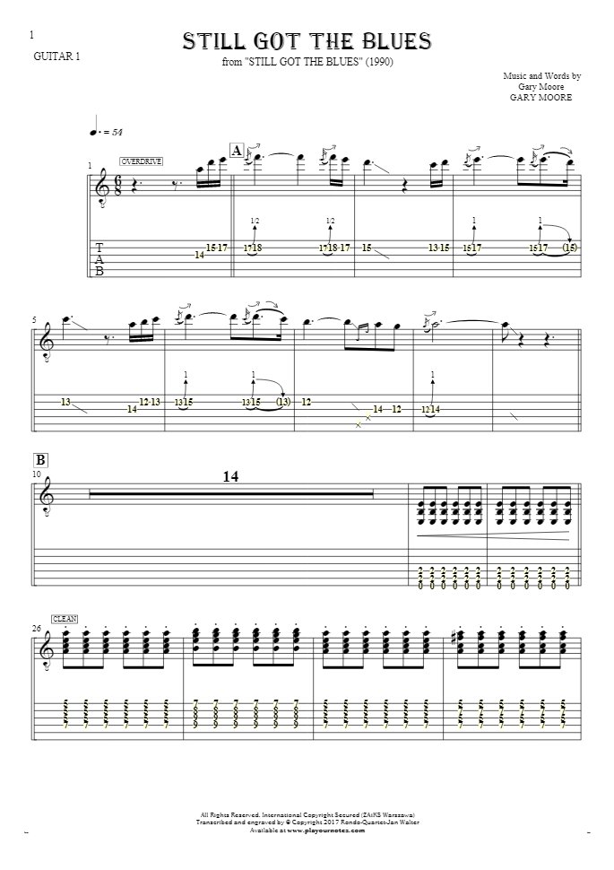 Still Got The Blues - Notes and tablature for guitar - guitar 1 part