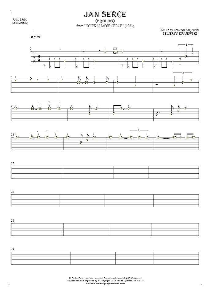 Jan Serce - Prolog - Tabulatur (Rhythm. Werte) für Gitarre - Melodielinie