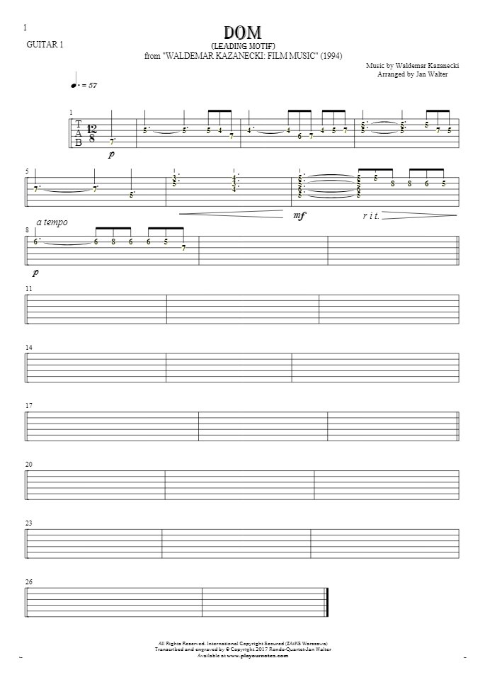 Das Haus - Führende Motiv - Tabulatur (Rhythm. Werte) für Gitarre - Gitarrestimme 1