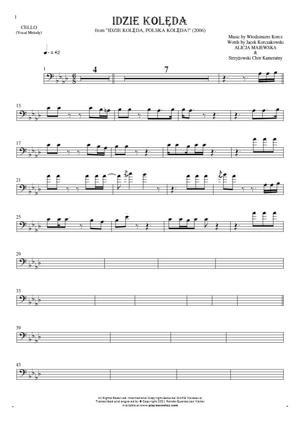 Idzie kolęda - Notes for cello - melody line
