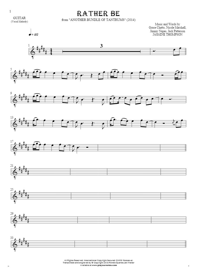 Rather Be - Notes for guitar - melody line