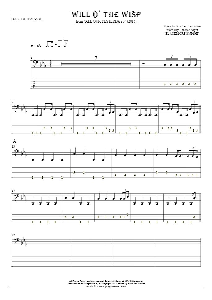 Will O' The Wisp - Notes and tablature for bass guitar (5-str.)