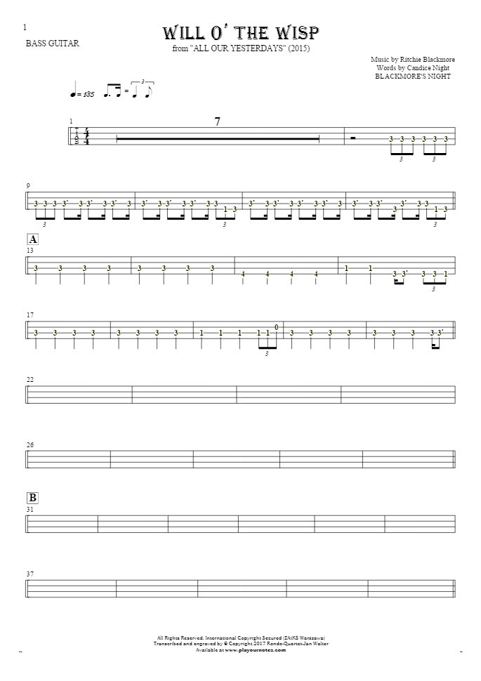 Will O' The Wisp - Tablature (rhythm. values) for bass guitar