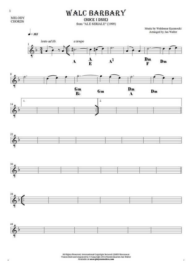Walc Barbary (Noce i Dnie) - Notes and chords for solo voice with accompaniment