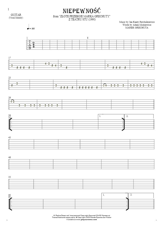 Uncertainty - Tablature for guitar - melody line