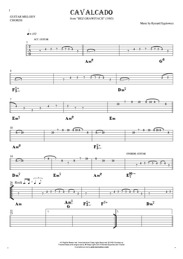 Cavalcado - Tabulature and chords for solo voice with accompaniment