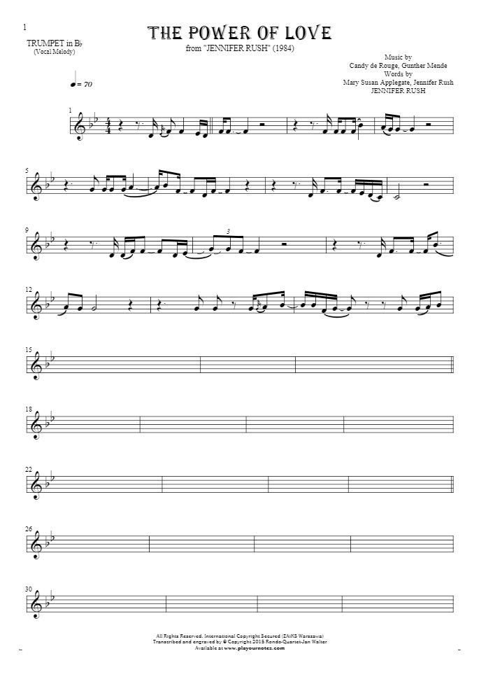 The Power Of Love - Notes for trumpet - melody line