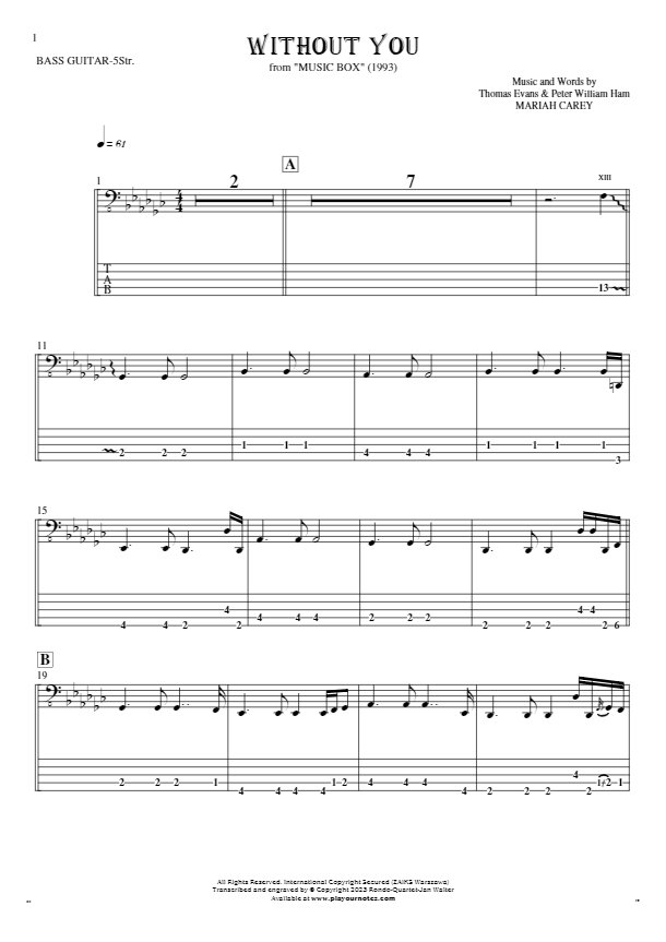 Without You - Notes and tablature for bass guitar (5-str.)