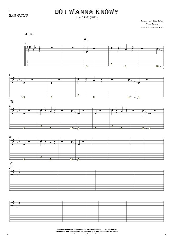 Do I Wanna Know? - Notes and tablature for bass guitar