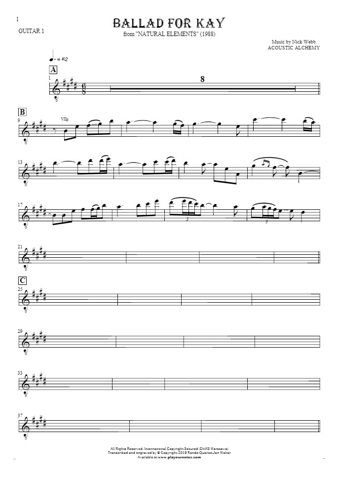 Ballad For Kay - Notes for guitar - guitar 1 part
