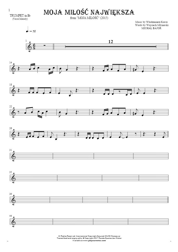 Moja miłość największa - Notes for trumpet - melody line