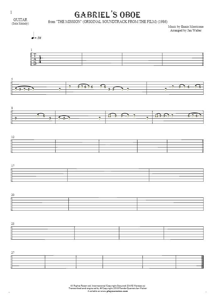 Gabriel's Oboe - Tablature for guitar - melody line