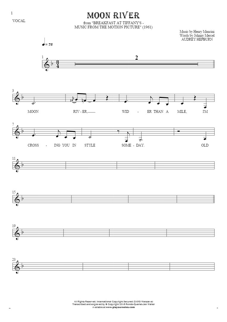 Moon River - Notes and lyrics for vocal - melody line