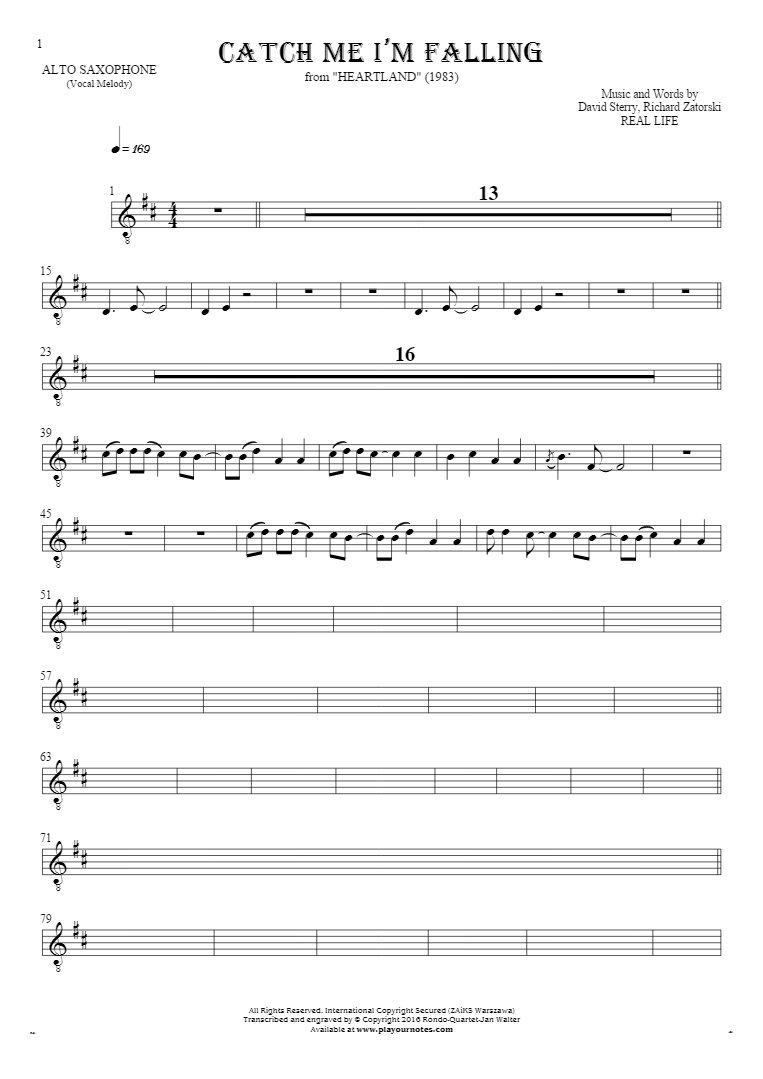 Catch Me I’m Falling - Notes for alto saxophone - melody line