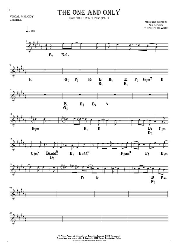 The One And Only - Notes and chords for solo voice with accompaniment