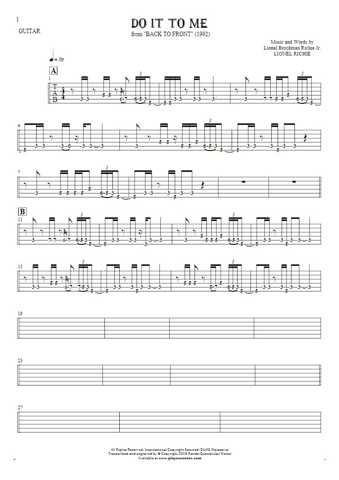 Do It To Me - Tablature (rhythm. values) for guitar