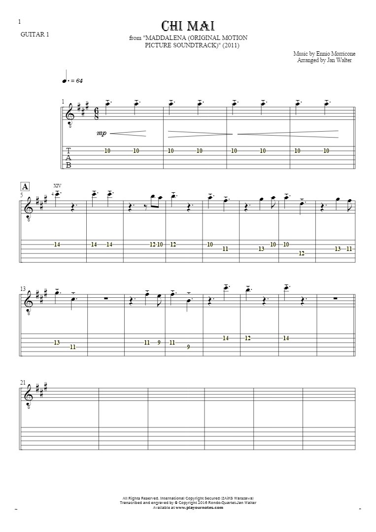Chi Mai - Notes and tablature for guitar - guitar 1 part