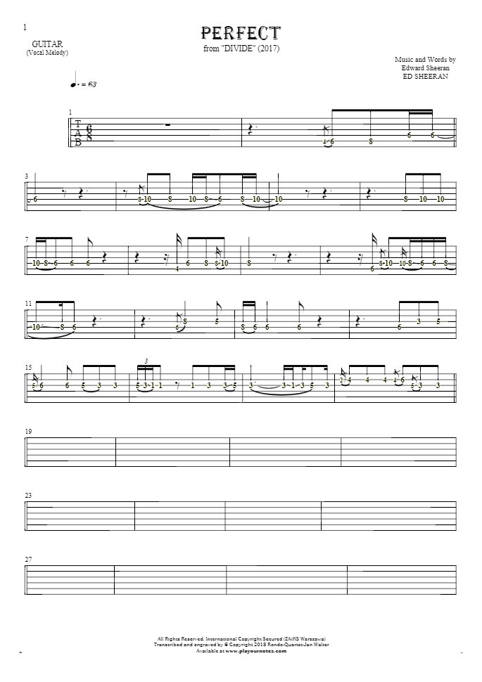 Perfect - Tablature (rhythm. values) for guitar - melody line