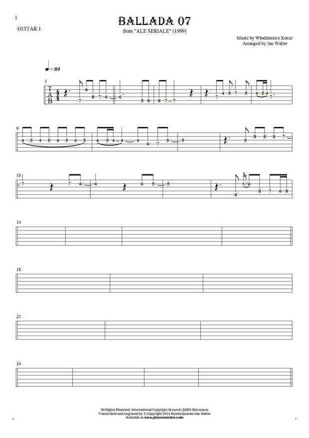 Ballada 07 - Tablature (rhythm values) for guitar - guitar 1 part