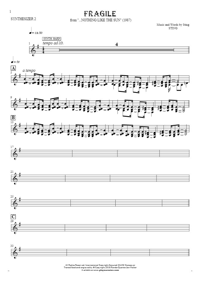 Fragile - Noten für Synthesizer - Synth Harp