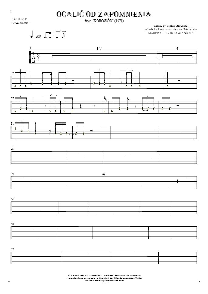 To Save from Oblivion - Tablature (rhythm. values) for guitar - melody line