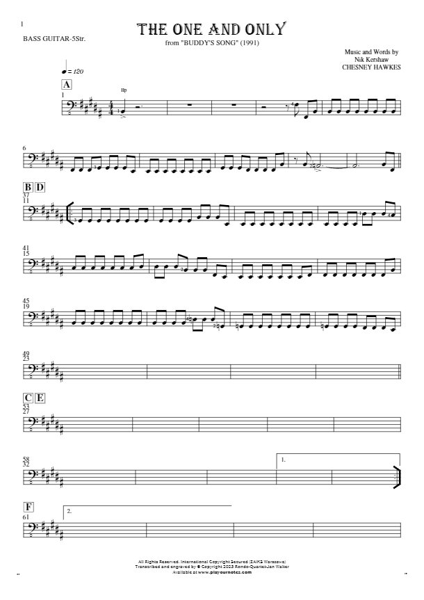 The One And Only - Notes for bass guitar (5-str.)
