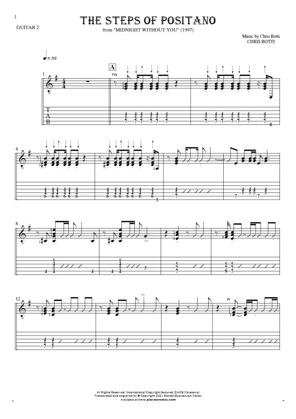 The Steps of Positano - Notes and tablature for guitar - guitar 2 part