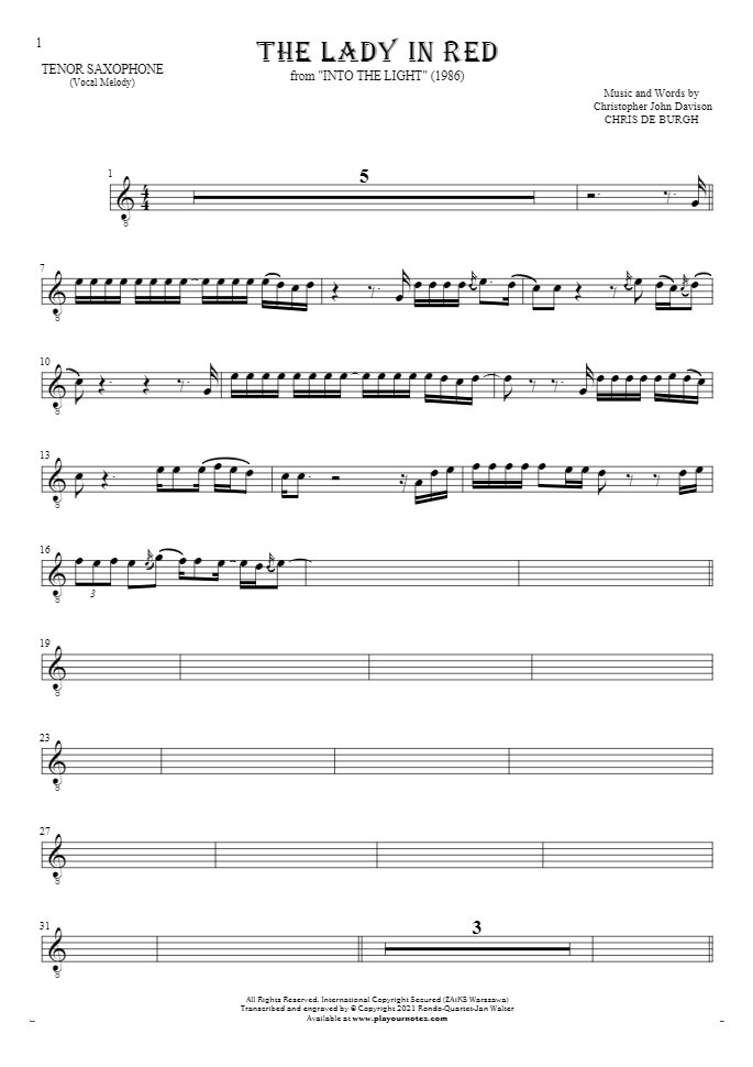 The Lady in Red - Notes for tenor saxophone - melody line