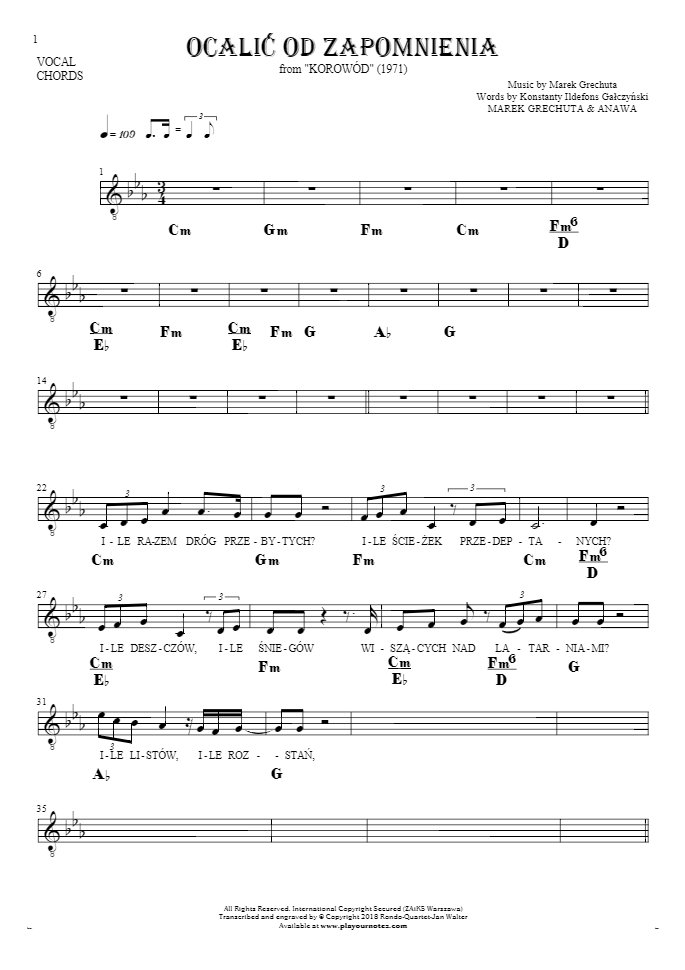 To Save from Oblivion - Notes, lyrics and chords for vocal with accompaniment