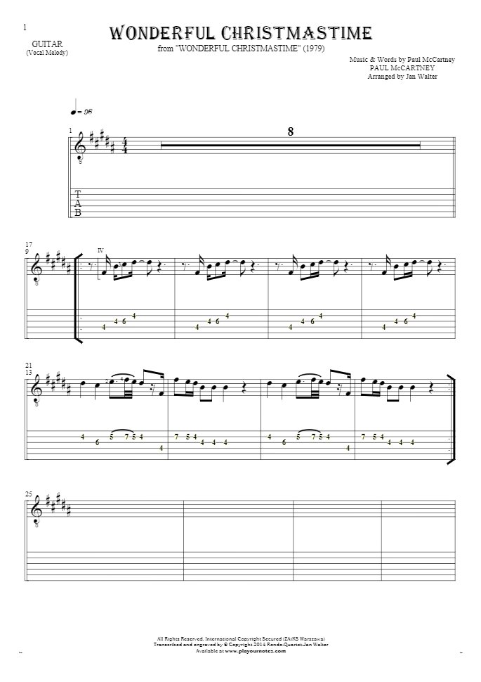 Wonderful Christmastime - Notes and tablature for guitar
