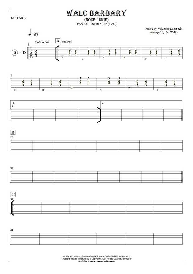 Walc Barbary (Noce i Dnie) - Tablature for guitar - guitar 3 part