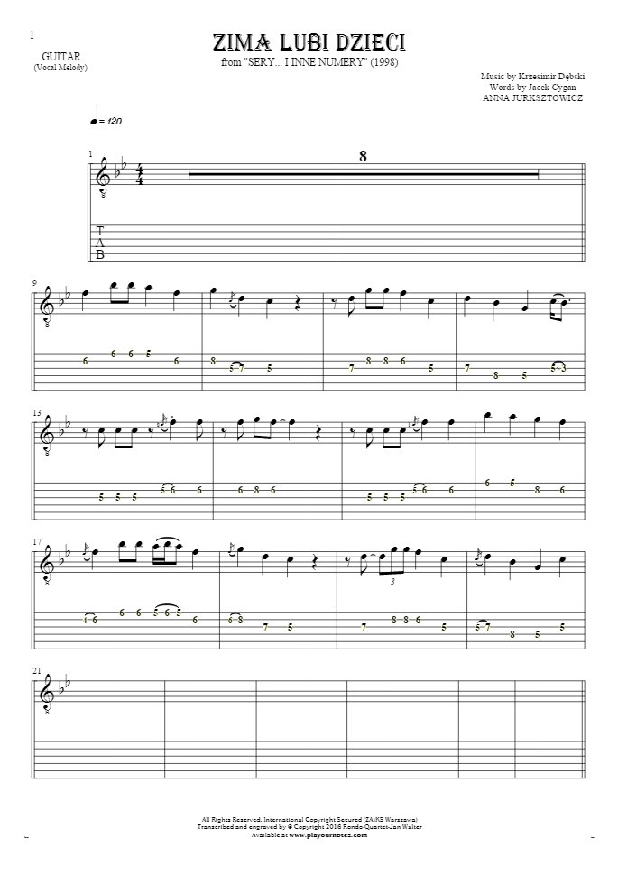 Zima lubi dzieci - Notes and tablature for guitar - melody line