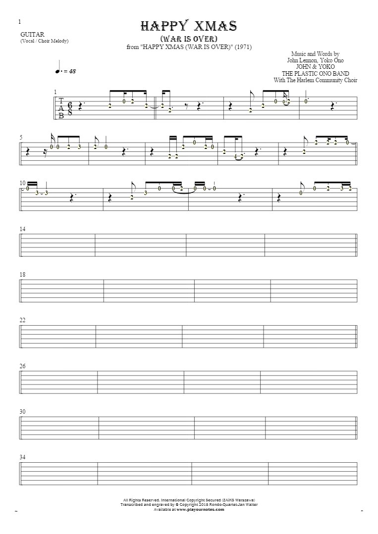 Happy Xmas (War Is Over) - Tablature (rhythm values) for guitar