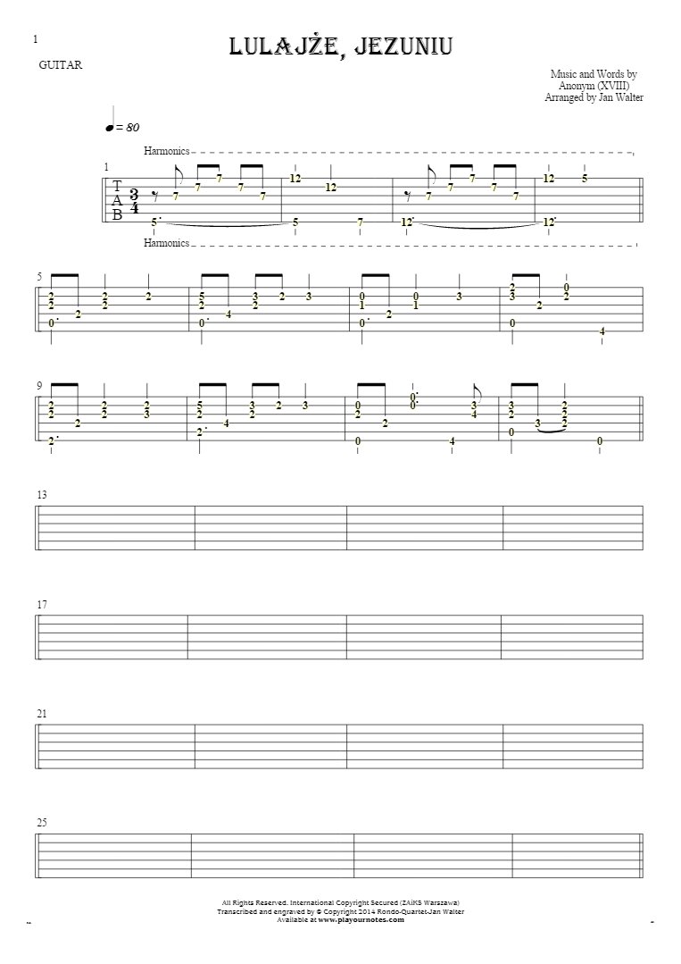 Lulajże, Jezuniu - Tablature (rhythm values) for guitar solo (fingerstyle)