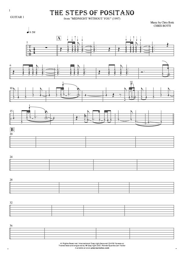 The Steps of Positano - Tablature (rhythm. values) for guitar - guitar 1 part