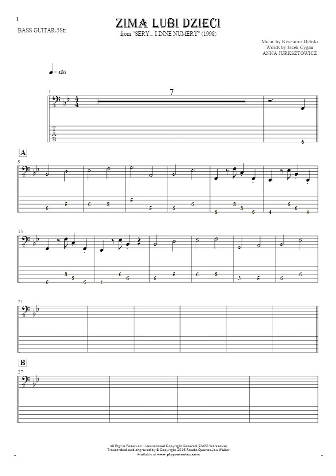 Zima lubi dzieci - Notes and tablature for bass guitar (5-str.)