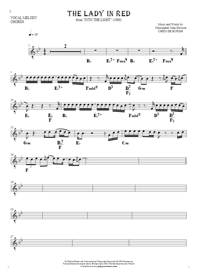 The Lady in Red - Notes and chords for solo voice with accompaniment