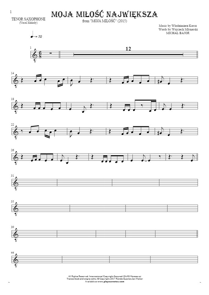 Moja miłość największa - Notes for tenor saxophone - melody line