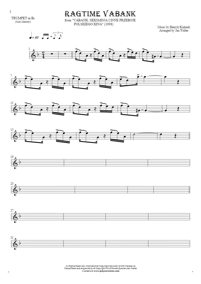 Ragtime Vabank - Notes for trumpet - melody line